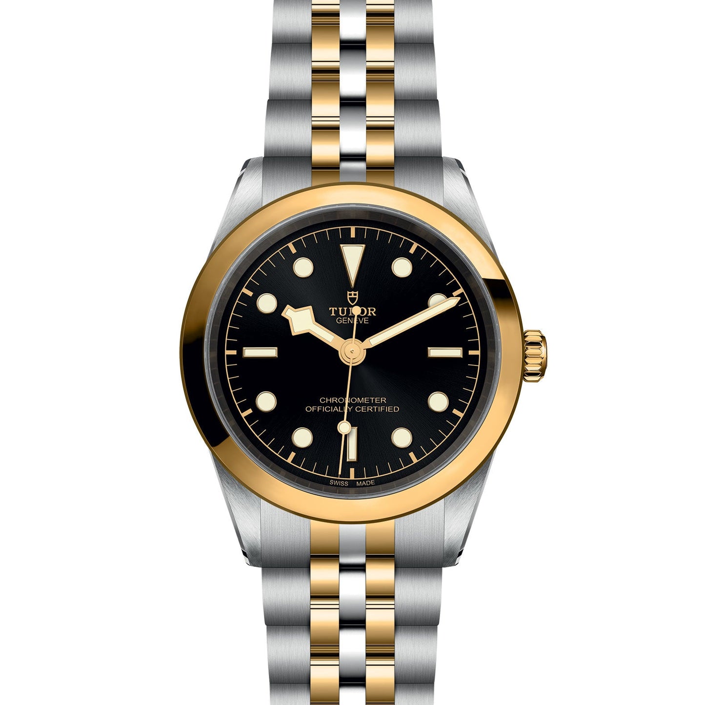 The TUDOR Black Bay One 41 S&G is a luxury divers' watch with a black dial, gold bezel, and silver-gold bracelet. It features gold hour markers, a date window, and classic time hands in a 41mm steel case, effortlessly blending elegance with modernity.