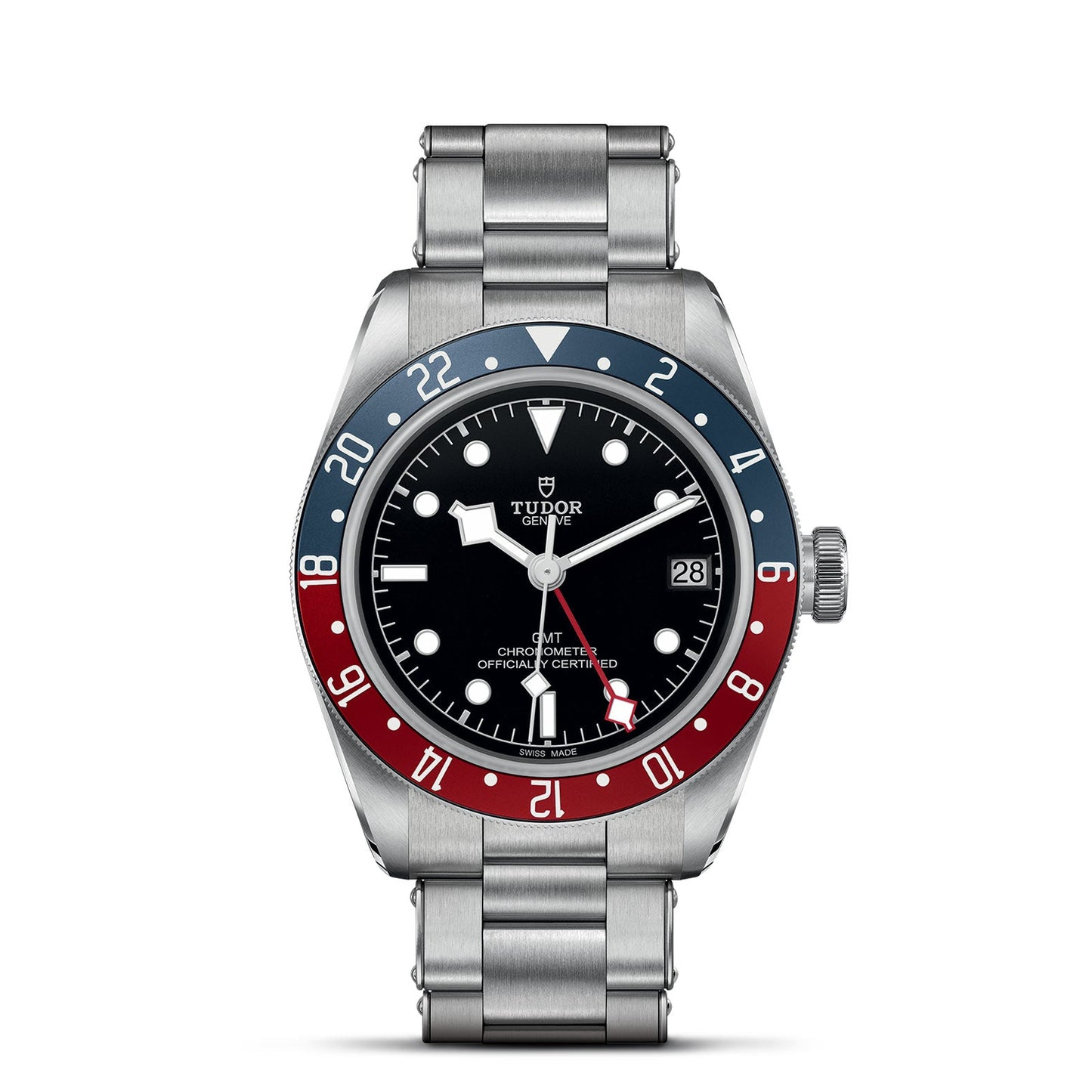 The TUDOR Black Bay GMT, a stainless steel wristwatch, showcases a black dial and a rotatable red and blue bezel reminiscent of the Black Bay GMT style. It includes white hour markers, a date window at 3 o'clock, and is completed with a silver bracelet against a white background.