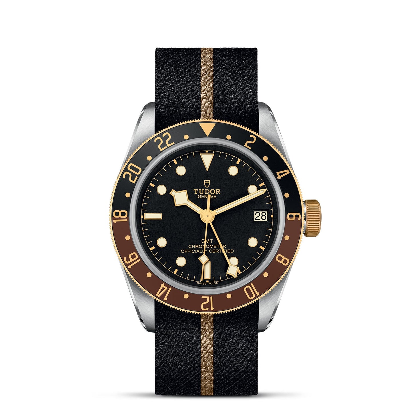 The TUDOR Black Bay GMT S&G watch from TUDOR showcases a black dial with gold accents and includes a date window alongside its multiple time-zone functionality. It boasts a stylish rotatable bezel featuring gold markers, complemented by a black and brown striped fabric strap and a gold crown. The luminous hands and markers provide excellent readability.