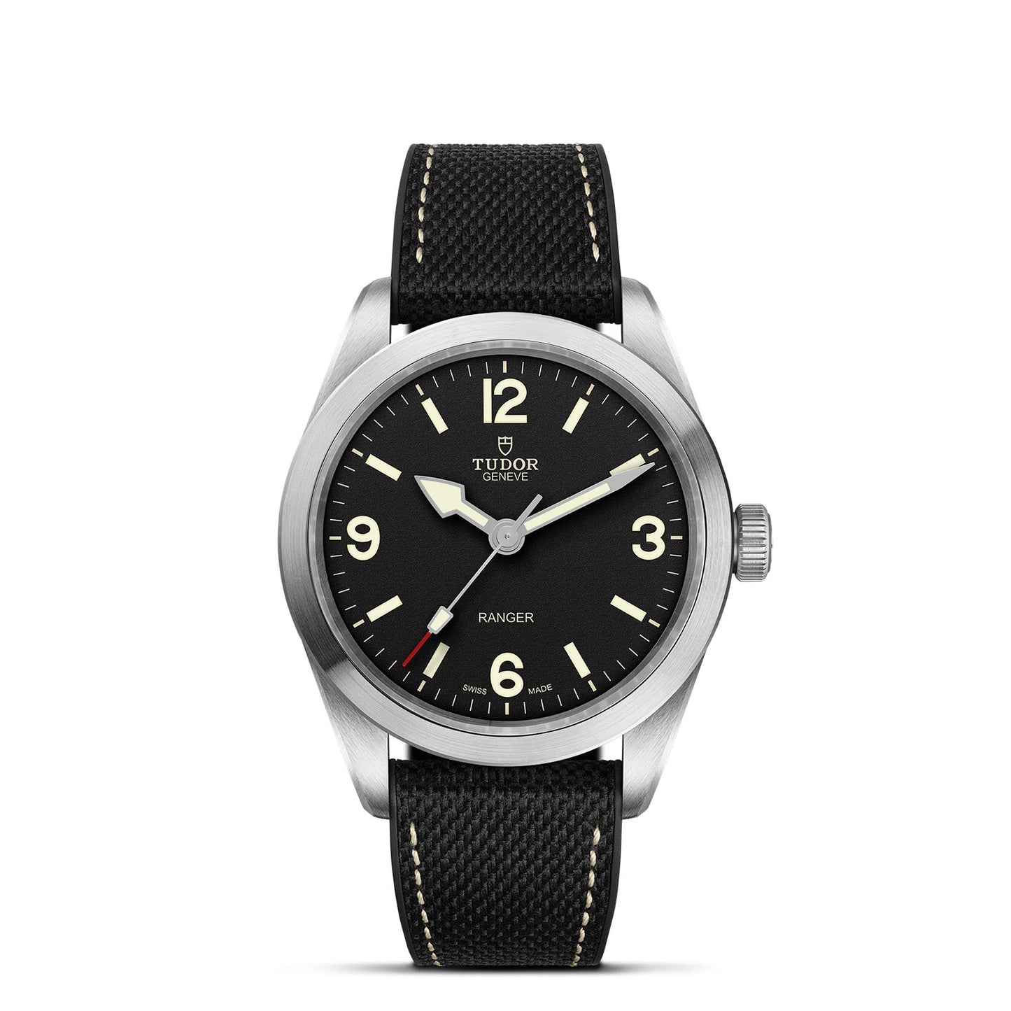 The TUDOR Ranger, a classic model by TUDOR, boasts a striking black dial adorned with white numerals and hour markers. It includes a silver bezel and is paired with a black strap featuring white stitching. This tool watch prominently displays the Tudor logo alongside "RANGER" text on the dial and is powered by the Manufacture Calibre MT5402 for precise timekeeping.