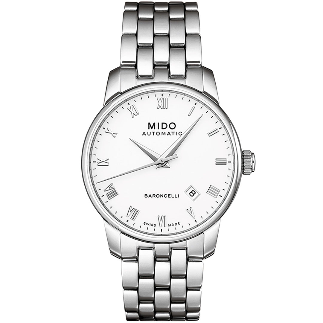 The MIDO Baroncelli II Gent Automatic 38mm Watch features a silver stainless steel band, white dial, Roman numeral markers, date window at 3 o'clock, and automatic movement.