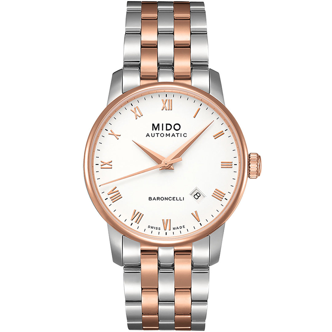 The MIDO Baroncelli II Gent Automatic 38mm Watch is a Swiss timepiece featuring automatic movement, a two-tone silver and rose gold metal band, white dial with rose gold Roman numerals, and a date window at 3 o’clock.