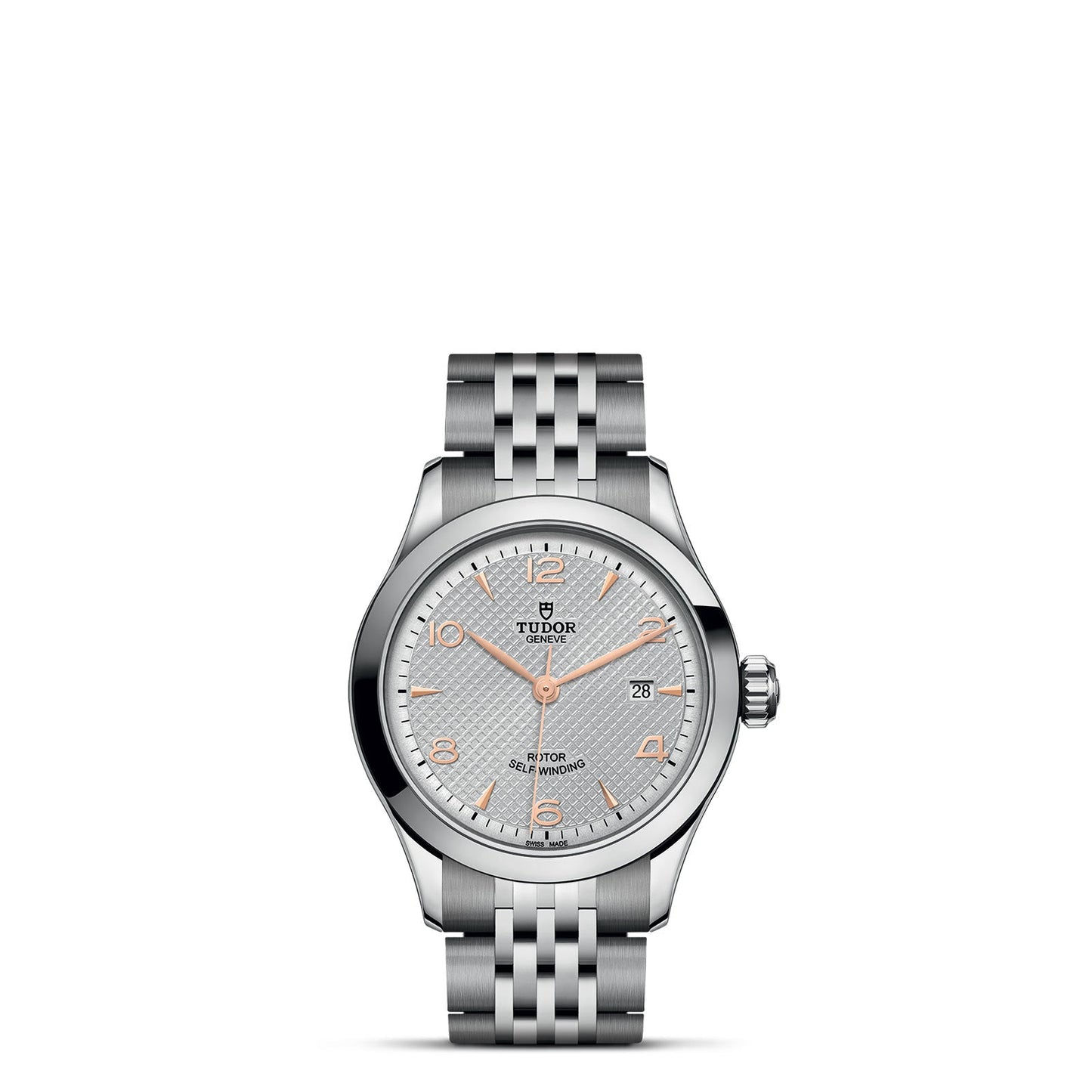 Introducing a sophisticated timepiece from the TUDOR 1926 collection, adorned with a silver bracelet and a textured silver dial. This elegant watch features rose gold hour markers and hands, along with a date window positioned at 3 o'clock. The TUDOR brand logo is prominently displayed at the center, making it an ideal choice for enthusiasts of exquisite mechanical watches.