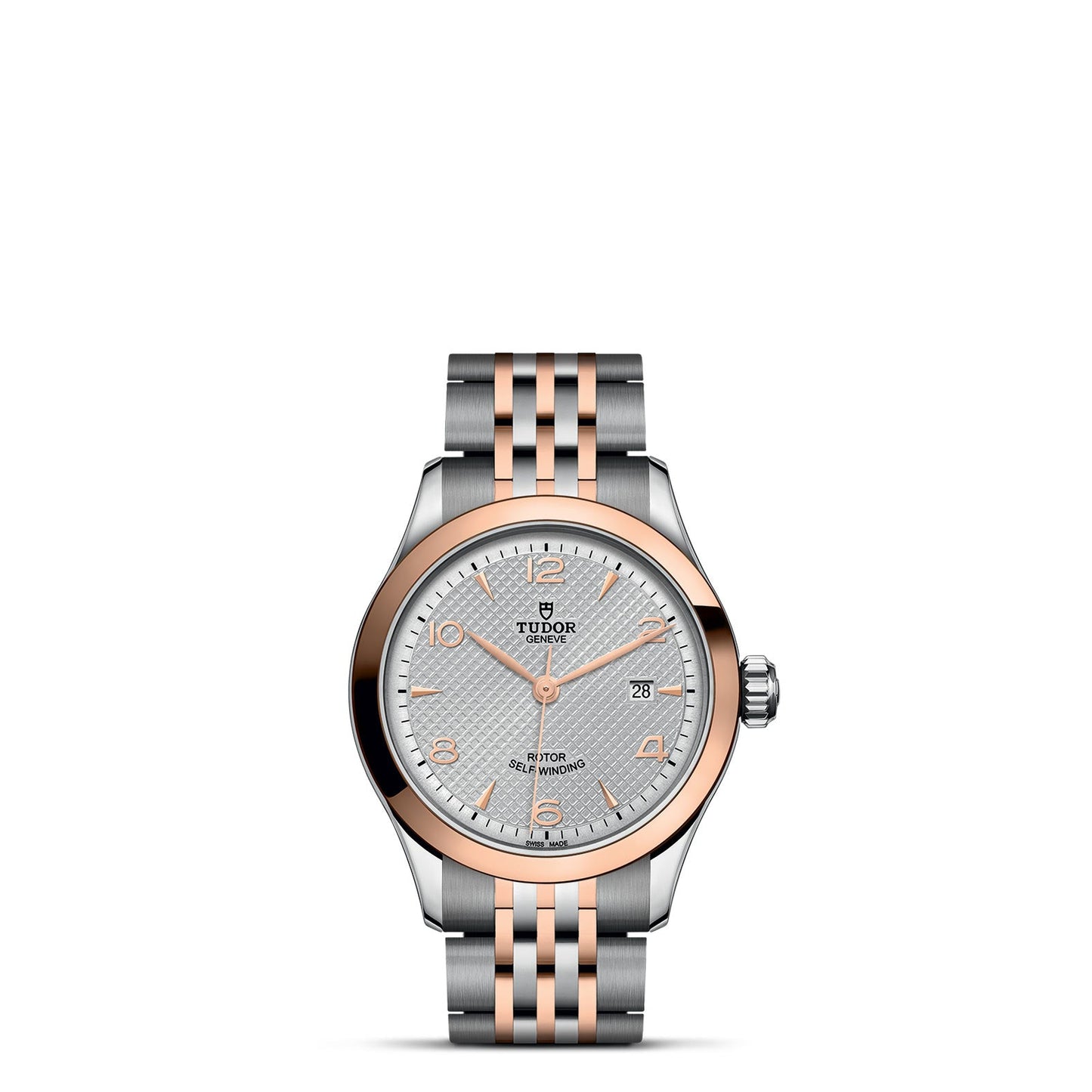 The TUDOR 1926 wristwatch showcases a classic and elegant allure with its silver and rose gold finish. It is adorned with a refined silver dial featuring textured details, luminescent hands, a date display at 3 o'clock, and a sophisticated two-tone bracelet, epitomizing the charm of mechanical timepieces.