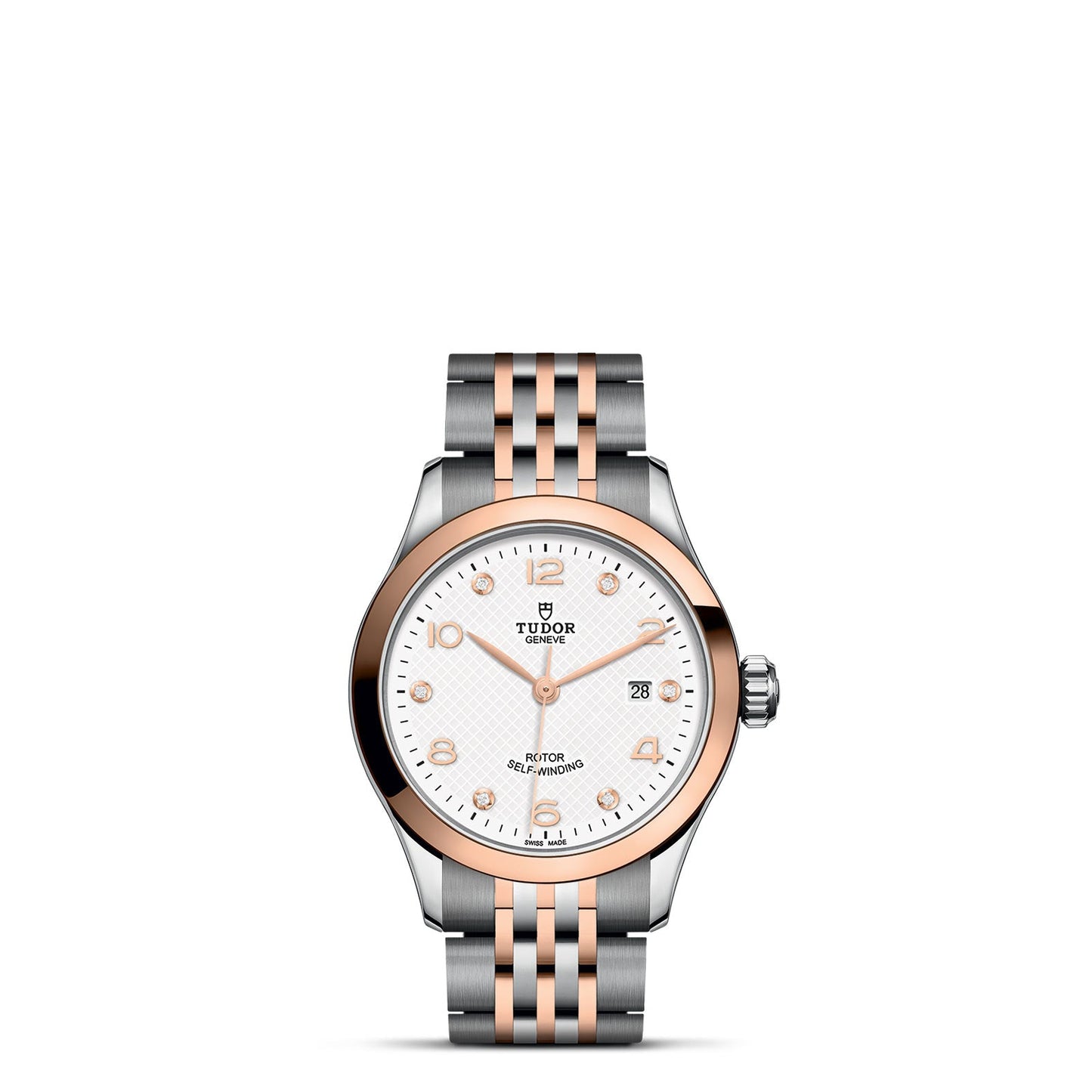 The TUDOR 1926 wristwatch features a refined combination of silver and rose gold. It showcases a white dial embellished with diamond hour markers and includes a date display at the three o'clock position. The two-tone metal bracelet enhances its elegance, accentuated by a polished finish.
