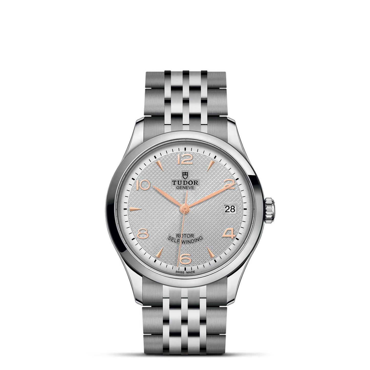 The TUDOR 1926 wristwatch from the brand TUDOR features a silver and stainless steel bracelet. It has a light gray watch face highlighted with gold-tone hour markers and hands, includes a date window at the 3 o'clock position, and displays TUDOR's iconic logo at 12 o'clock.