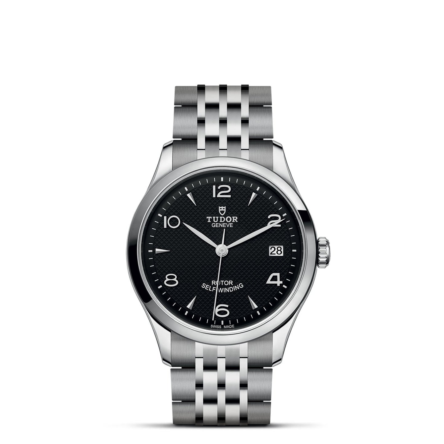 Presenting the TUDOR 1926, a stylish silver wristwatch featuring a black textured dial adorned with white hour markers and hands. It offers a date display conveniently located at the 3 o'clock position. The sophisticated five-link polished metal bracelet is ideal for enthusiasts of mechanical watches.