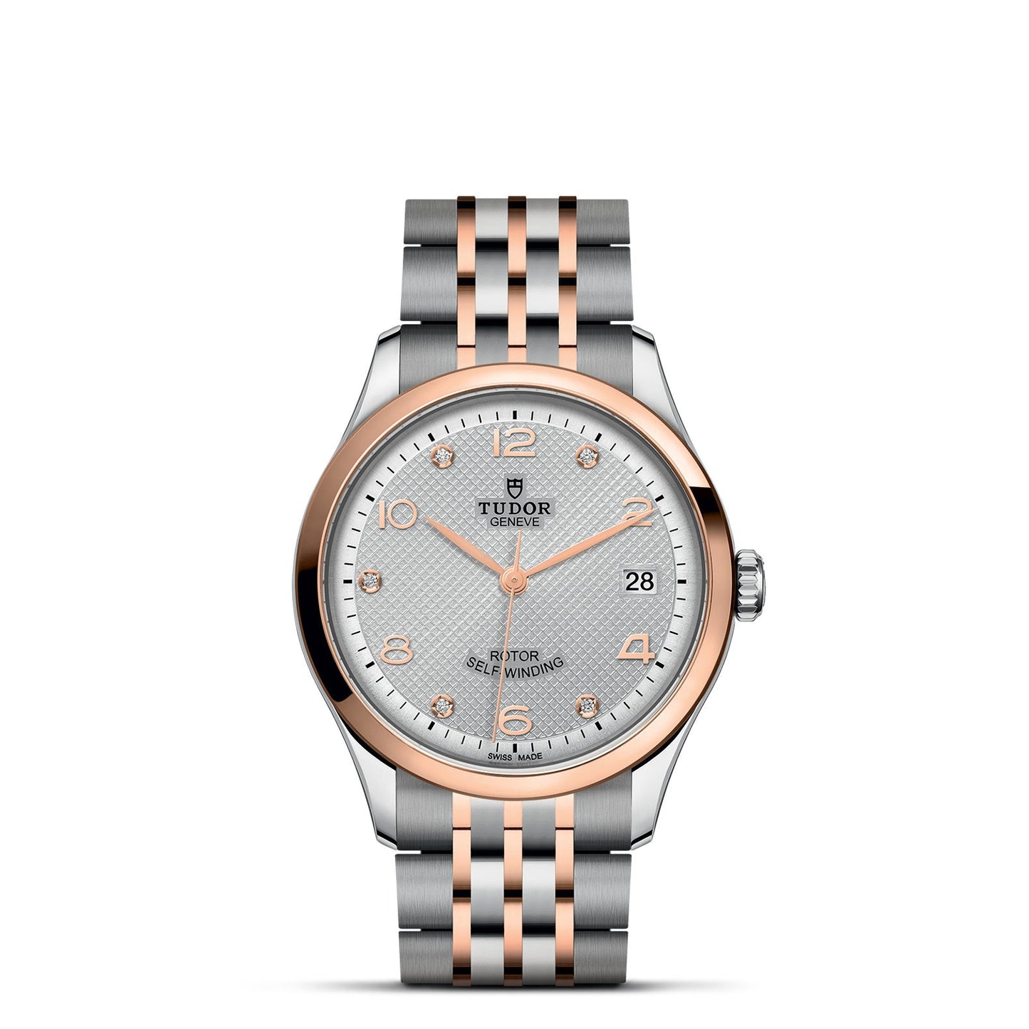 Indulge in the sophistication of a luxury wristwatch featuring a stunning silver and rose gold bracelet paired with a round white dial. This diamond-set design showcases gold hour markers, a date window at 3 o'clock, and elegantly bears the TUDOR 1926 name. The exquisitely crafted gold watch hands embody timeless elegance.