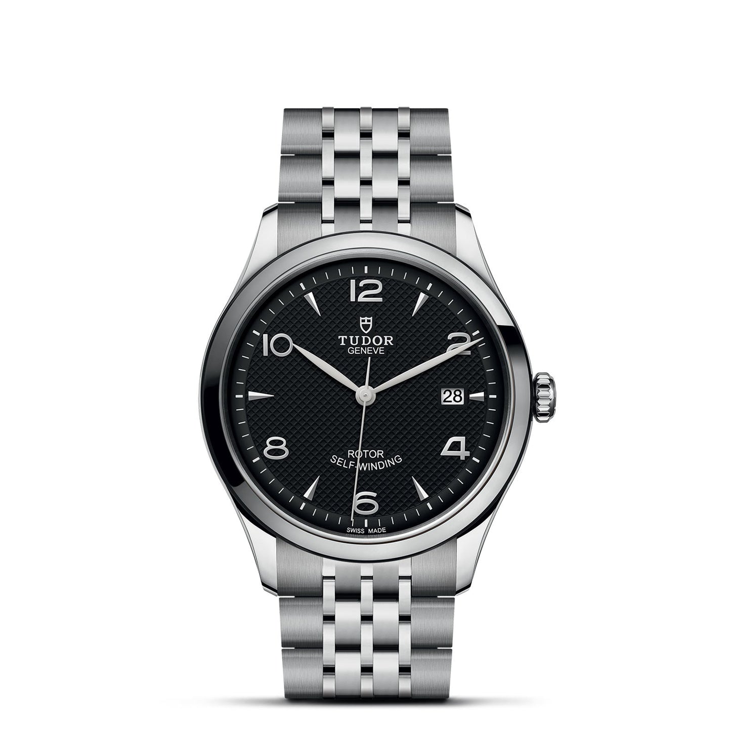 The TUDOR 1926 stainless steel watch boasts a black textured dial with Arabic numerals and index markers, a date display at 3 o'clock, and a link bracelet. This mechanical watch is labeled "Rotor Self-Winding.