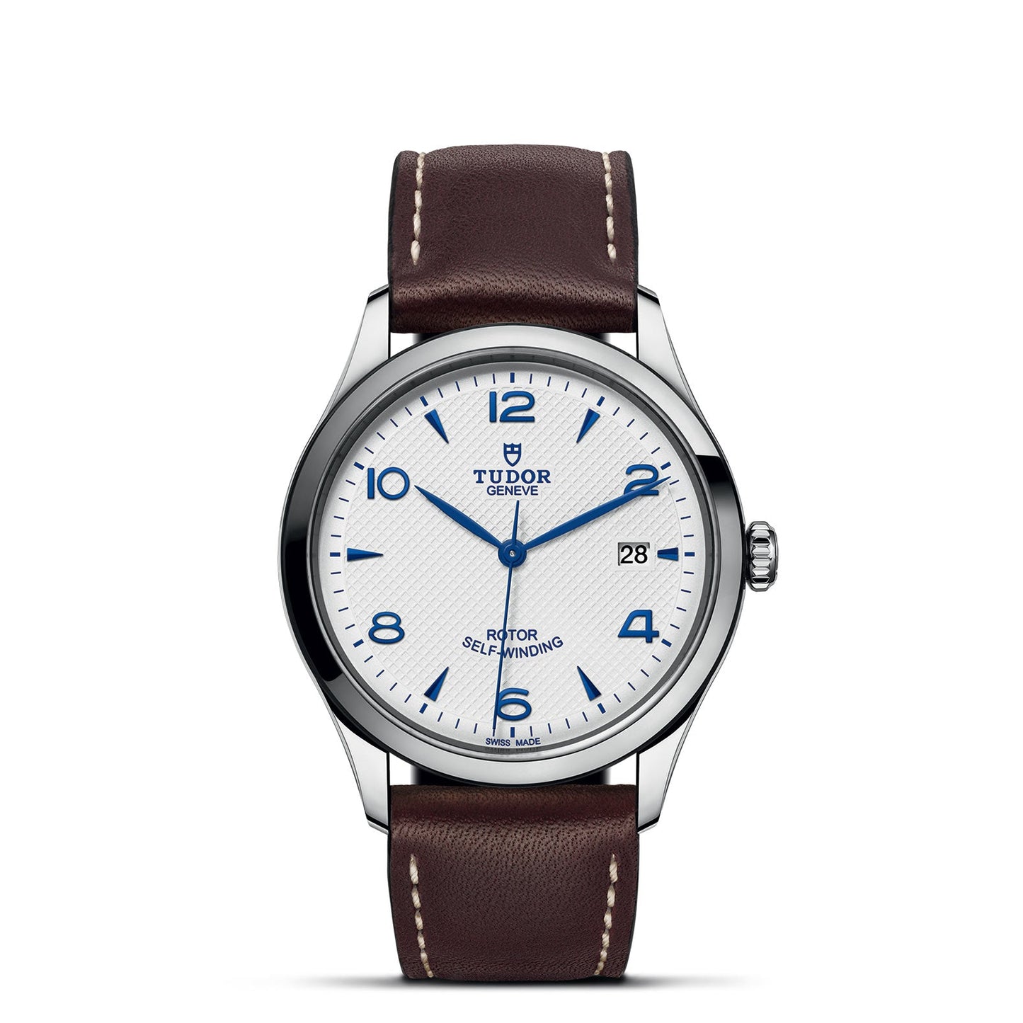 The TUDOR 1926 wristwatch features a white dial with blue Arabic numerals and a date display. It comes with a brown leather strap accented by white stitching, and proudly displays the Tudor logo along with "Rotor Self-Winding" text, highlighting the refined elegance of mechanical timepieces.