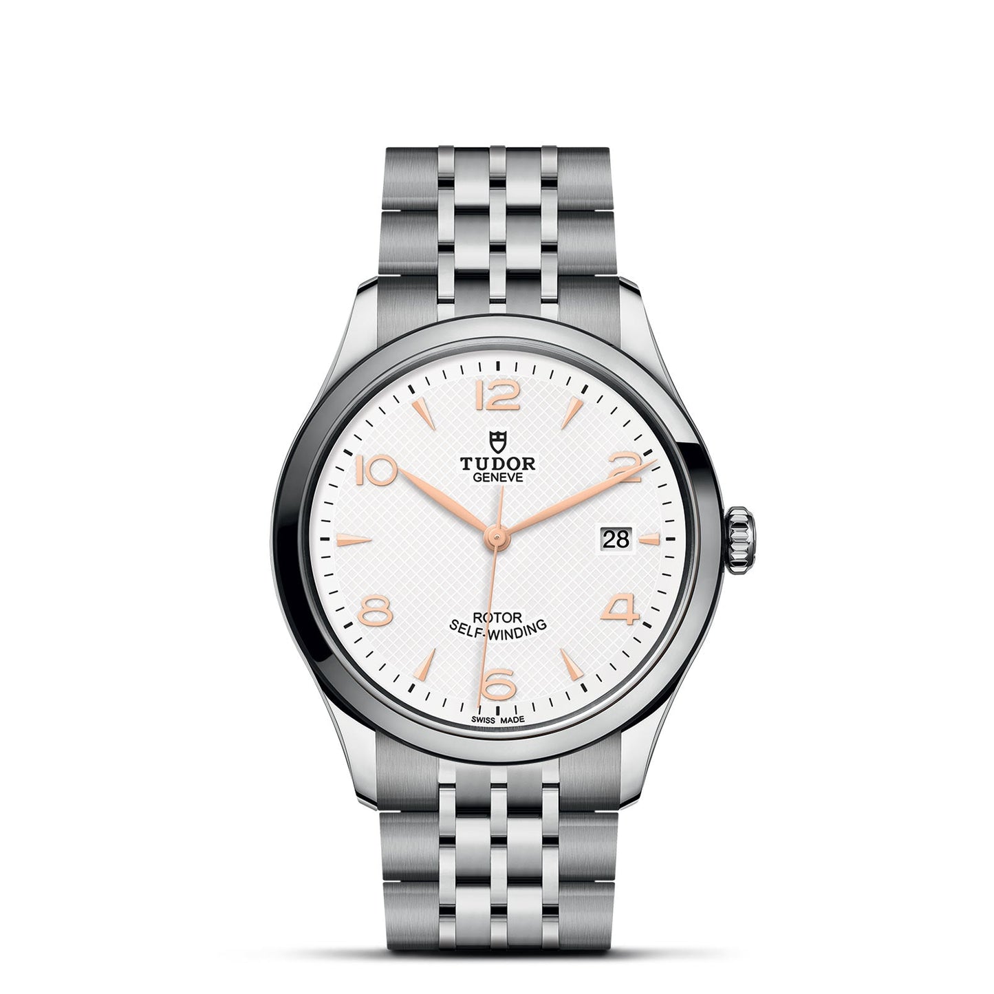The TUDOR 1926 wristwatch showcases a stainless steel bracelet and a white dial. It features rose-gold colored hour markers and hands, while the date window is positioned at 3 o'clock with the TUDOR logo proudly displayed at 12 o'clock. This sophisticated timepiece emphasizes the accuracy of mechanical watches with its self-winding rotor.
