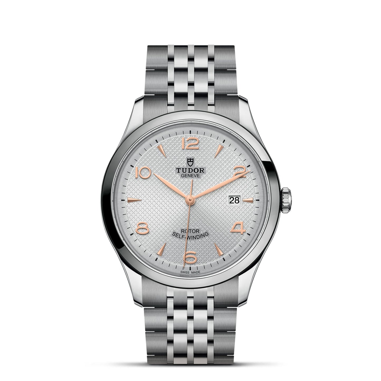 Introducing the TUDOR 1926, a stylish stainless steel watch from TUDOR, showcasing a silver textured dial complemented by rose gold-tone hour markers and hands. It includes a date display at 3 o'clock and is paired with a metal link bracelet for a classic, elegant appearance—perfect for mechanical watch enthusiasts.
