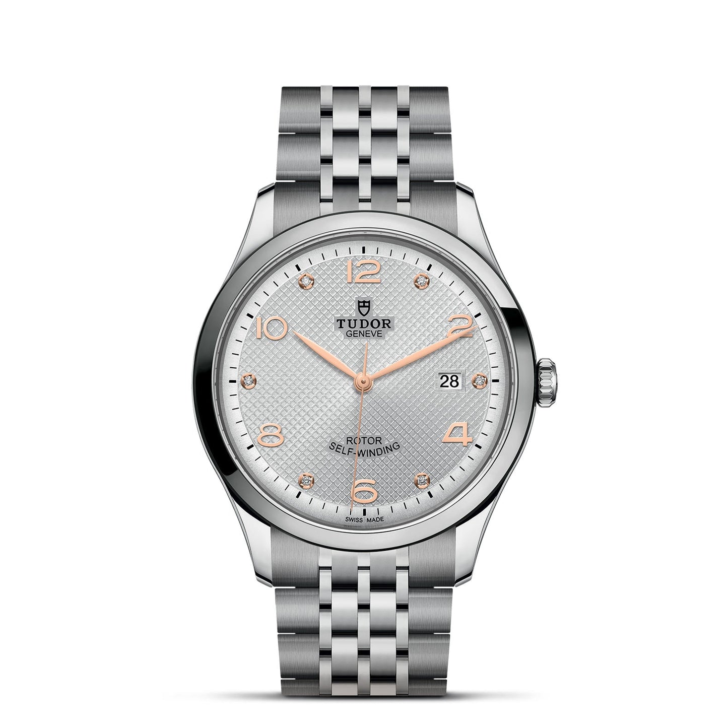The TUDOR 1926 from the TUDOR brand showcases a textured white dial accented by rose gold hour markers and Arabic numerals at 3, 6, 9, and 12. It includes a date window positioned at 3 o'clock and is tastefully finished with a five-link stainless steel bracelet, exemplifying timeless sophistication in mechanical watches.