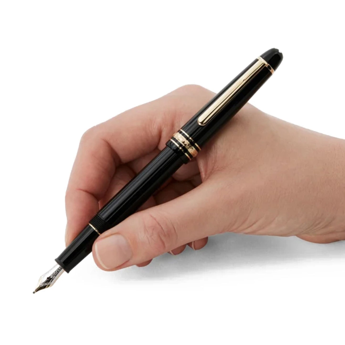 A hand holding a luxurious Montblanc Meisterstuck Black Resin Yellow Gold Plated Fountain Pen against a plain white background, showcasing the brand's elegant gold nib.
