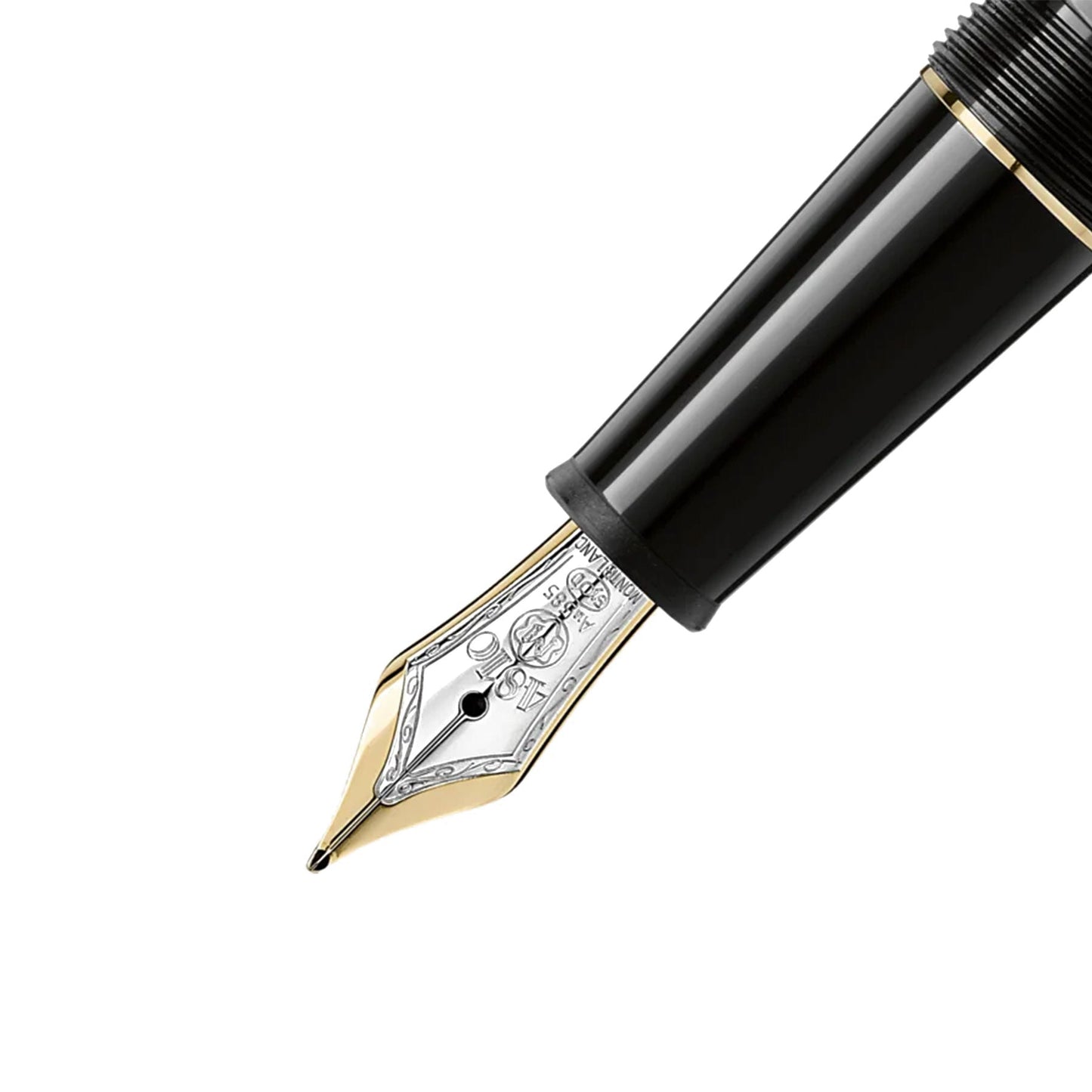 Detailed view of the nib on a Montblanc Meisterstuck Black Resin Yellow Gold Plated Fountain Pen, highlighting its detailed engravings and opulent gold accents. The pen features a sophisticated black resin grip section, embodying the elegance and craftsmanship synonymous with luxury writing tools from Montblanc.