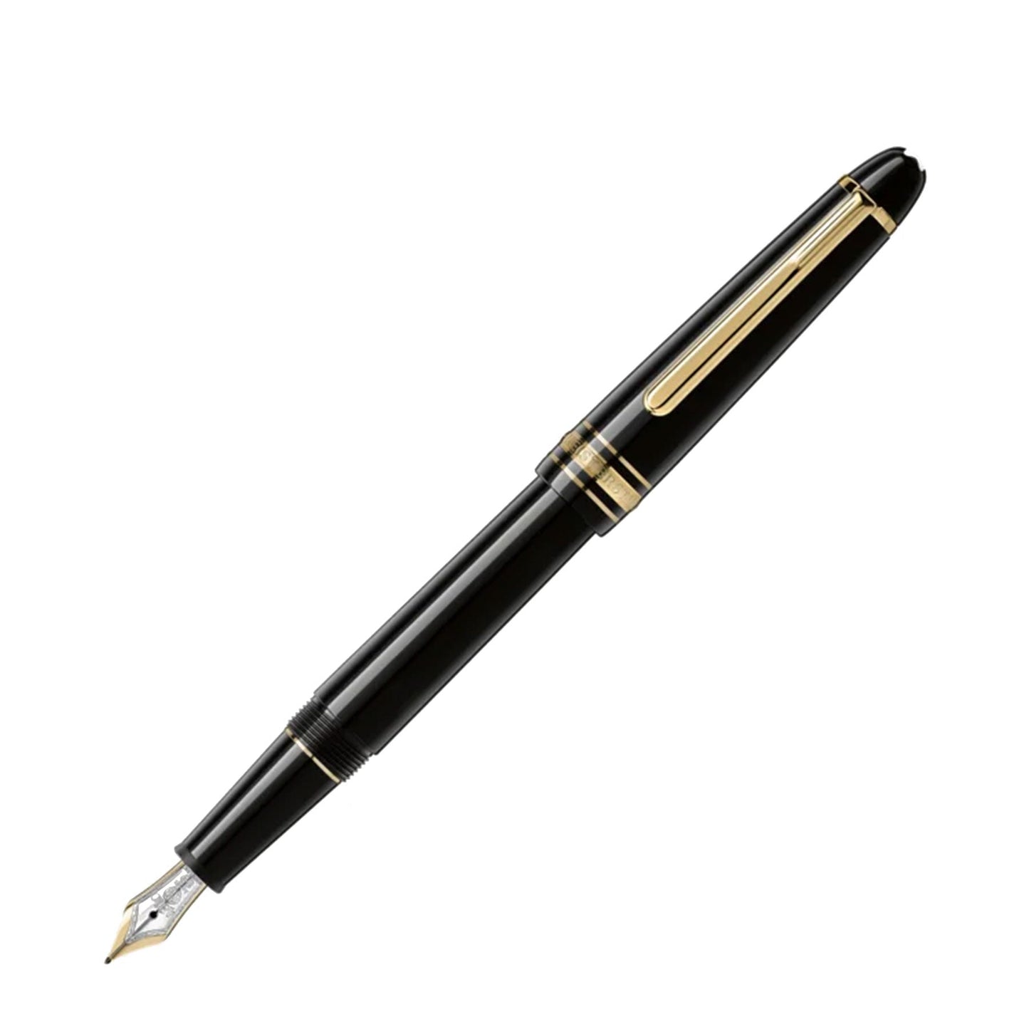 The Montblanc Meisterstuck Black Resin Yellow Gold Plated Fountain Pen features a glossy metallic nib set against a pristine white background. Its yellow gold plated nib, clip, and decorative bands enhance the elegance of this timeless luxury writing instrument.