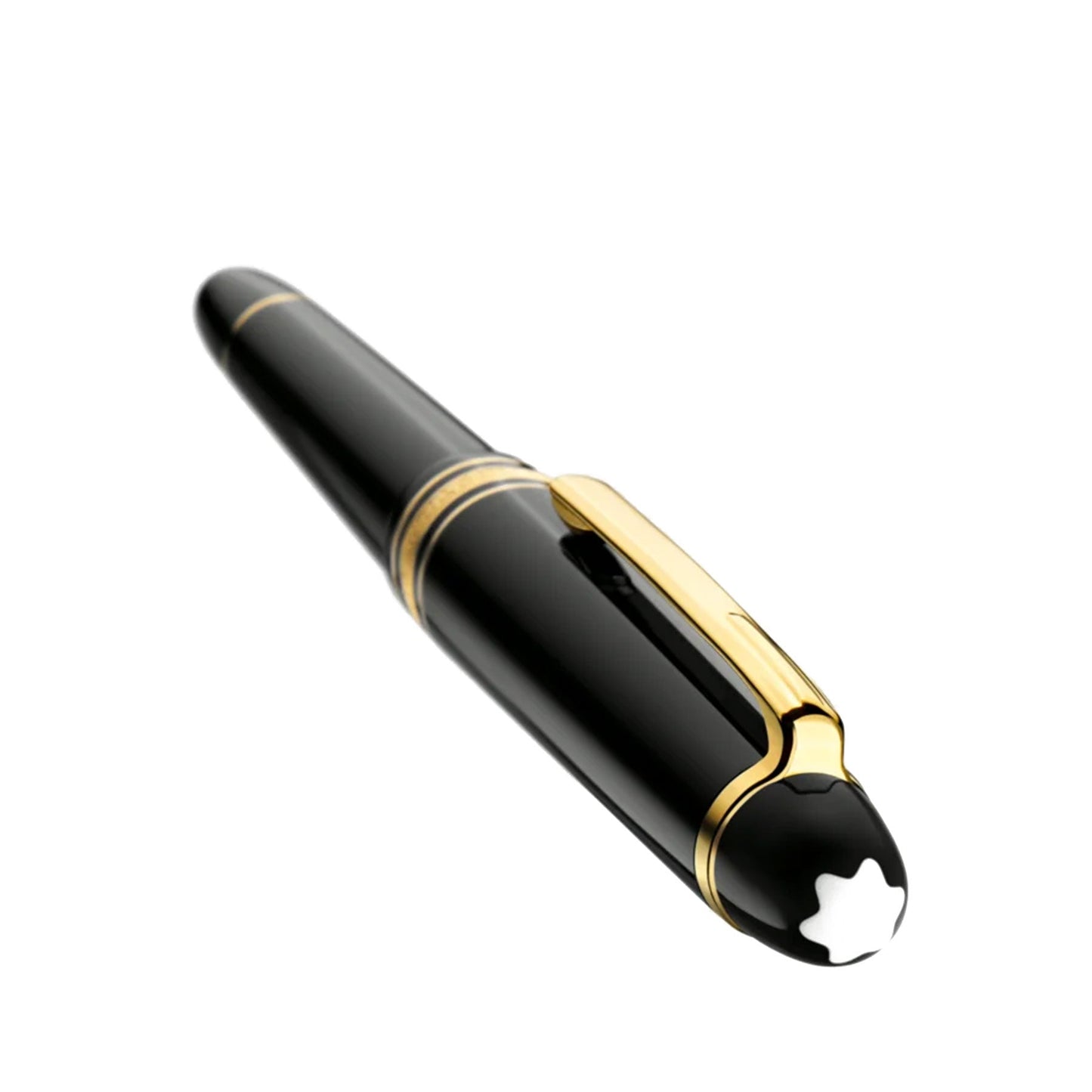 The Montblanc Meisterstuck Black Resin Yellow Gold Plated Fountain Pen, featuring a glossy black finish with gold accents and a white emblem on the cap, exemplifies luxury writing. Set against a white background, its yellow gold-plated nib suggests timeless elegance.
