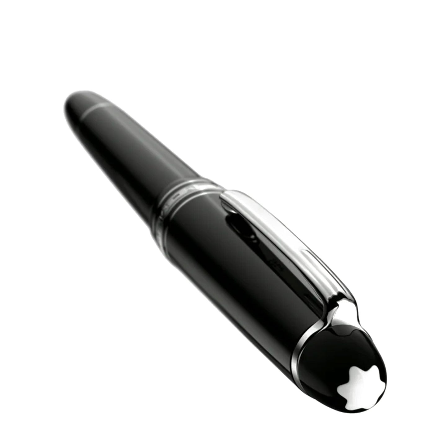 The Montblanc Meisterstück Black Resin Platinum Plated Fountain Pen, featuring a sleek black design with platinum accents and the signature Montblanc emblem on the cap, positioned slightly to the left on a simple backdrop, embodies luxury writing at its finest.