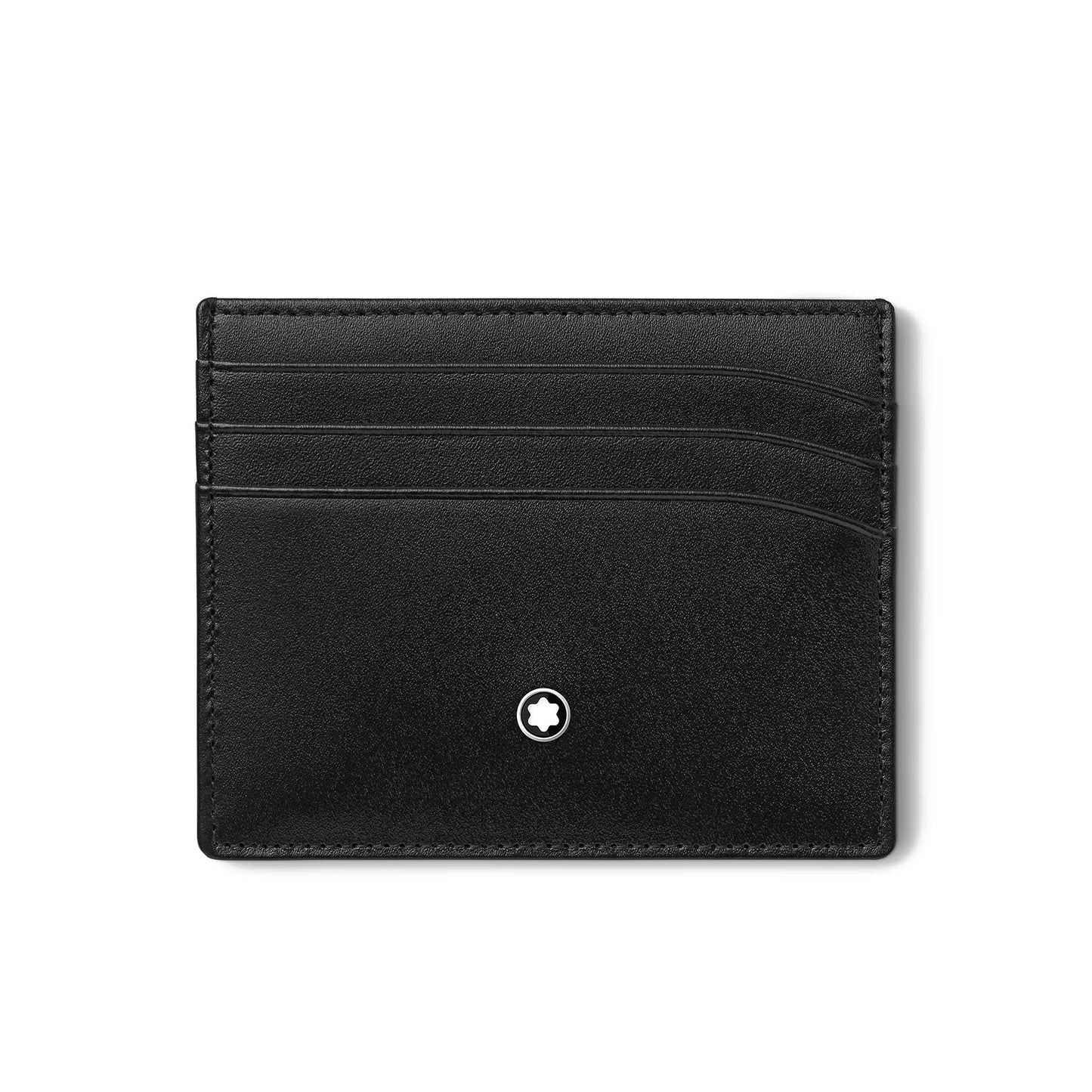 The Montblanc Meisterstück Pocket 6cc Leather Card Holder, crafted in smooth black calfskin leather, features a minimalist design with three card slots on one side and a small circular emblem near the bottom.