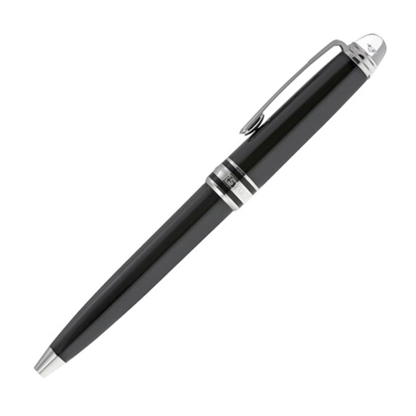 The Montblanc Meisterstück Diamond Hommage Mozart Ballpoint Pen, featuring a sophisticated black design with silver accents and a clip, set against a plain white background.
