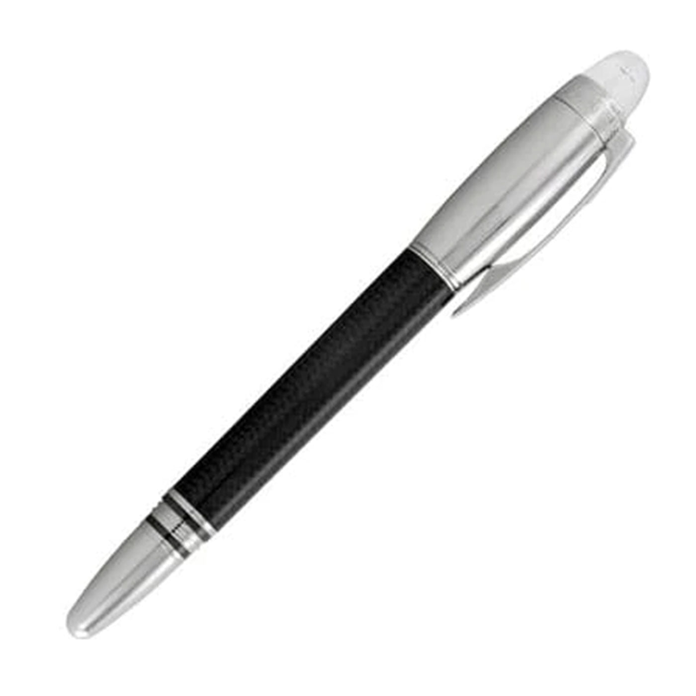 A Montblanc Starwalker Black Carbon Ballpoint Pen, featuring a sleek black and silver design with a glossy finish and pointed tip, is positioned diagonally on a white background. Its silver clip and accents exude precision engineering, providing a sophisticated appearance.