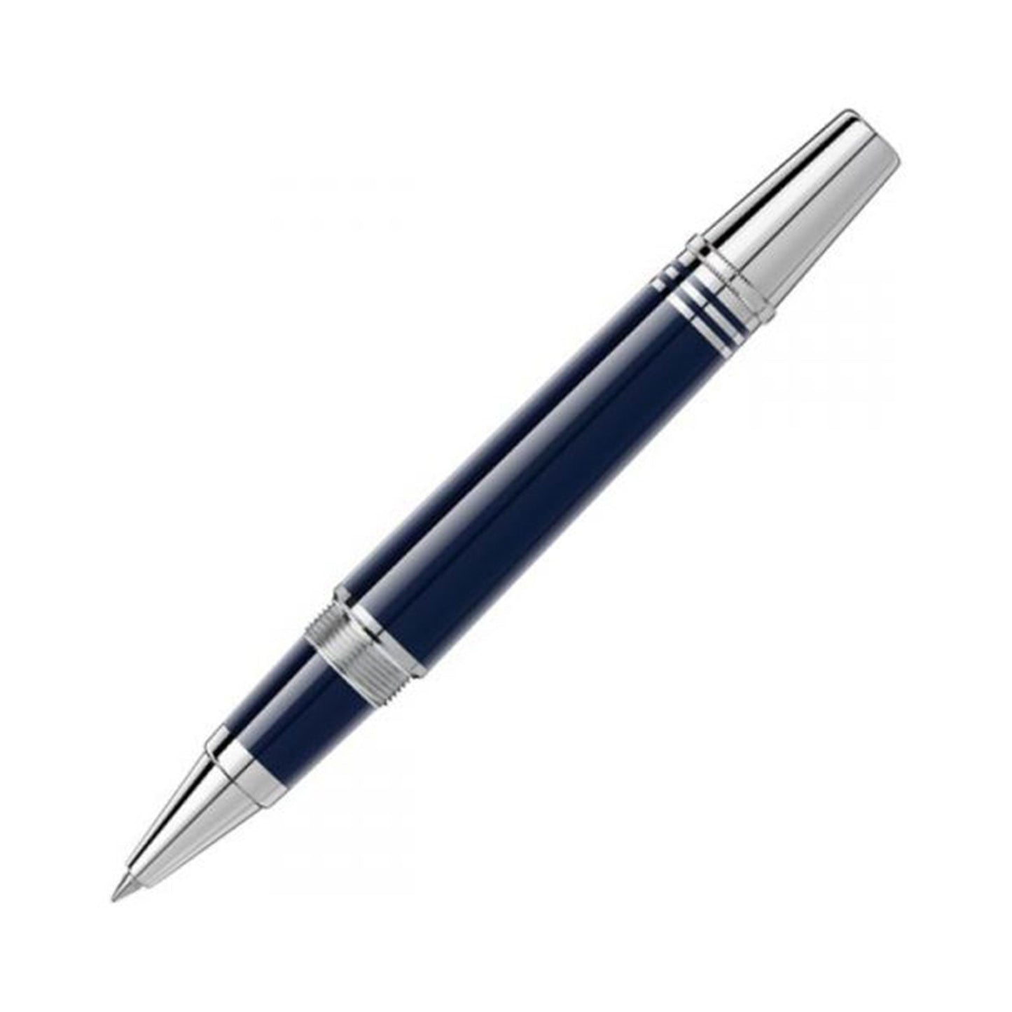 A sophisticated Montblanc JFK Limited Edition Navy Resin Platinum Plated Rollerball Pen, featuring a glossy cap and tip with the renowned Montblanc emblem, displayed against a white background.