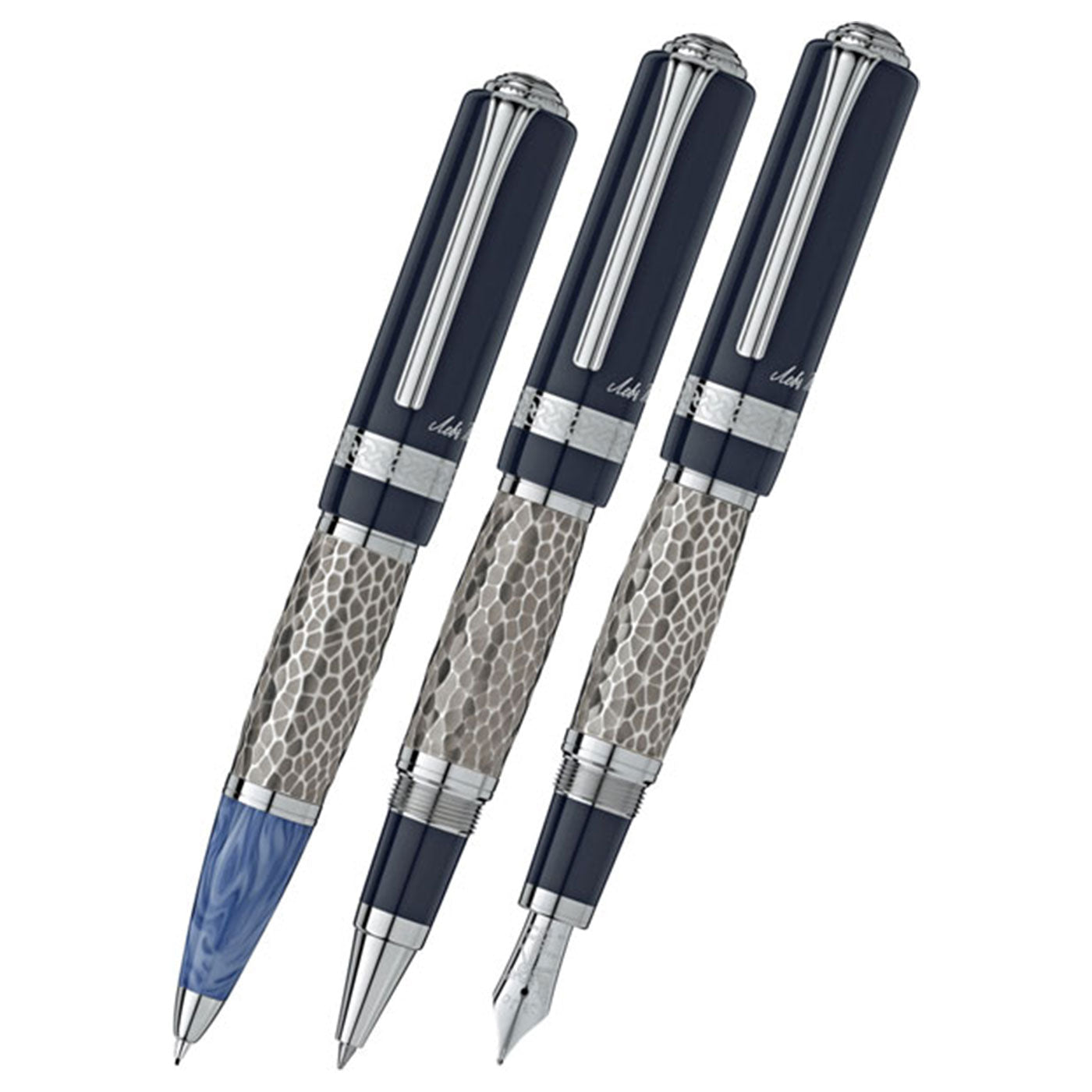 The Montblanc Writers Edition Leo Tolstoy Limited Edition Pen Set features three sophisticated writing instruments with black and silver metallic bodies embellished with intricate patterns. This exclusive collection includes a ballpoint pen, a rollerball pen, and a fountain pen with a blue-tipped cap, all displayed in a vertical arrangement.