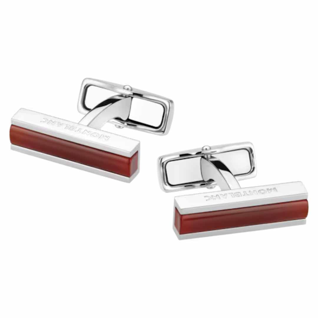 These Montblanc Stainless Steel Cufflinks display a striking horizontal red bar design similar to red carnelian. The visible clasp mechanism features the "MONTBLANC" engraving on top, highlighting their heritage style with a sleek and modern look.