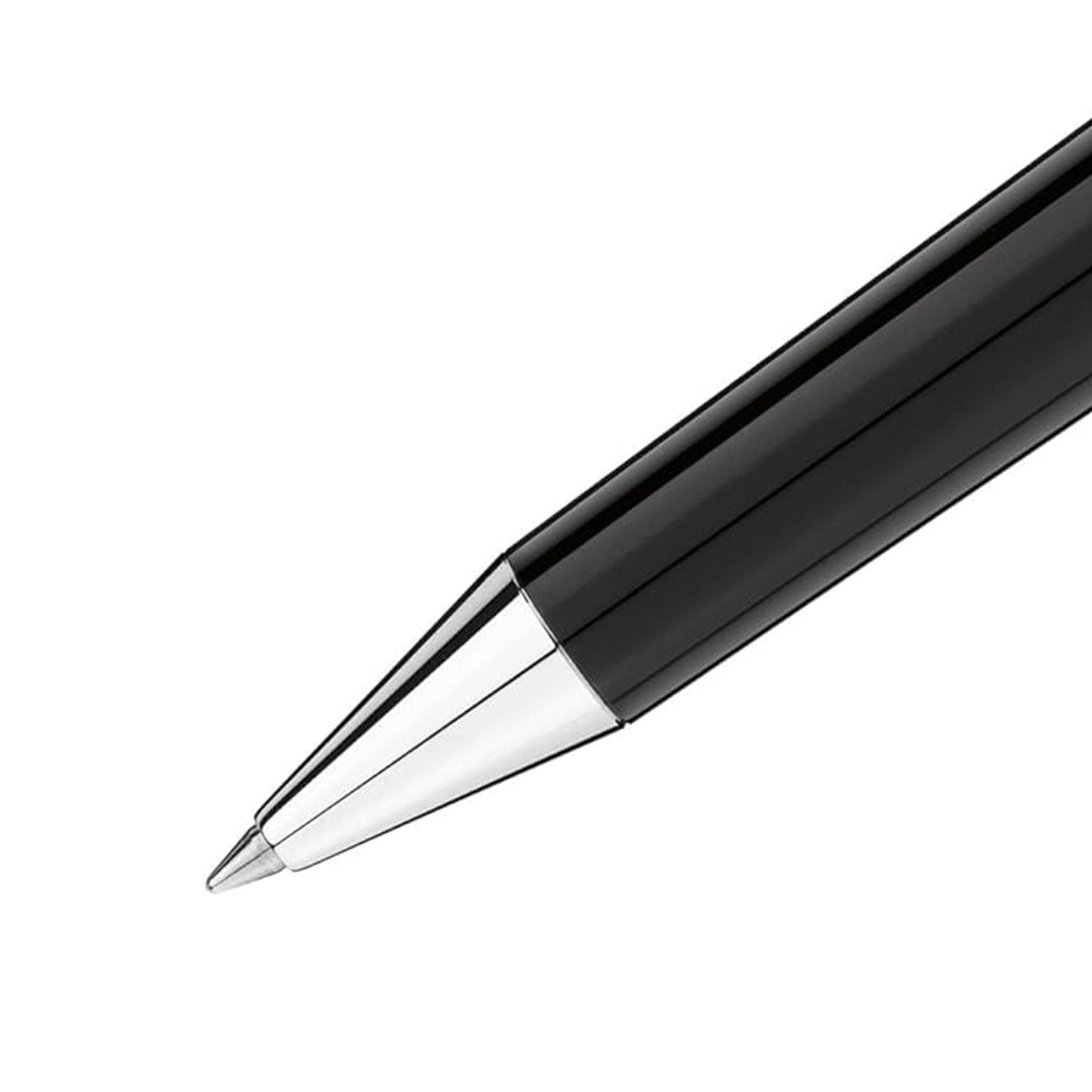 A close-up showcases a sleek Montblanc Meisterstück Heritage Collection 1912 Black Resin Capless Rollerball Pen with a gleaming tip, angled diagonally against a white background. Its reflective surface highlights an elegant and smooth finish, embodying timeless sophistication.