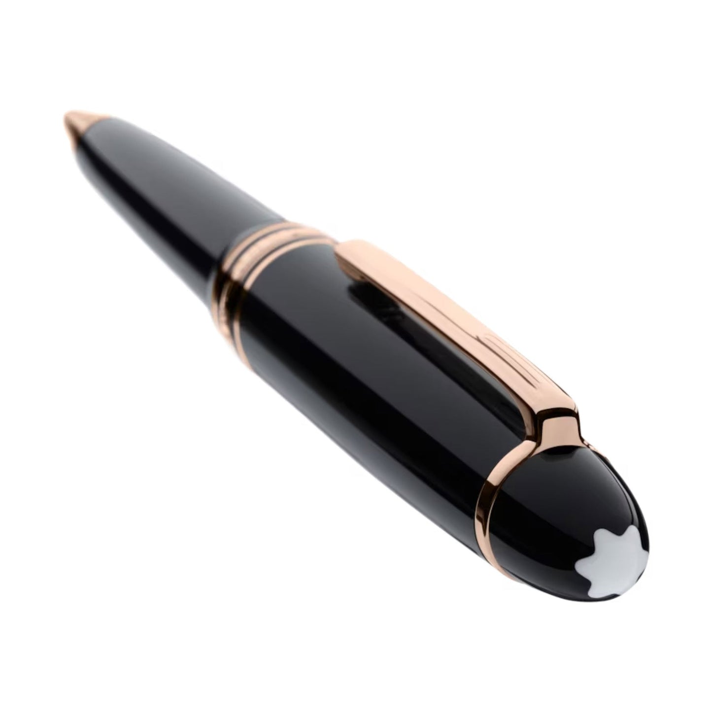 A luxurious Montblanc Meisterstück ballpoint pen crafted from precious black resin, adorned with rose-plated accents. Featuring a distinctive clip and Montblanc's iconic white star emblem at the top, this elegant writing instrument is set diagonally against a plain white background, exuding sophistication.