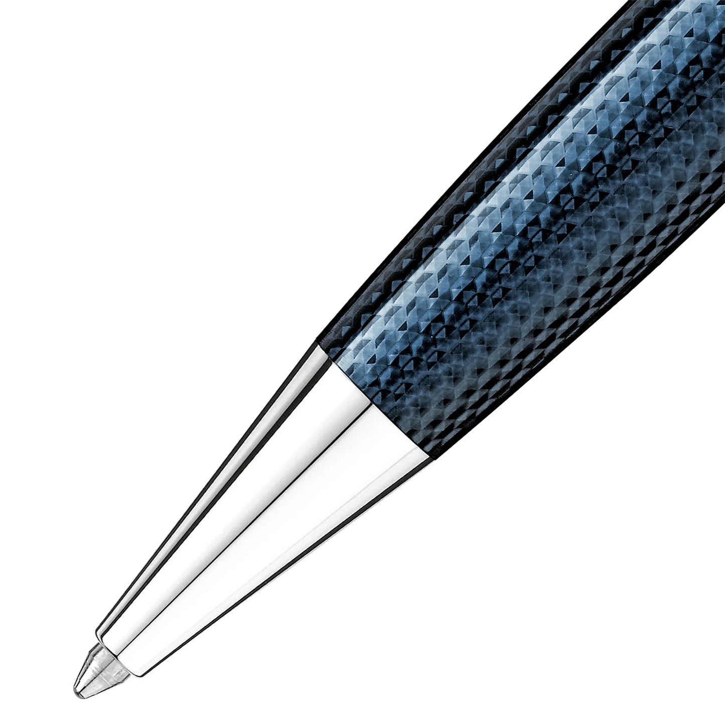 Close-up of the Montblanc Meisterstück Solitaire Doue Blue Hour Classique Ballpoint Pen tip, featuring a textured blue and black barrel with platinum-coated fittings. The design, inspired by a tranquil Blue Hour, showcases its modern and elegant appearance.