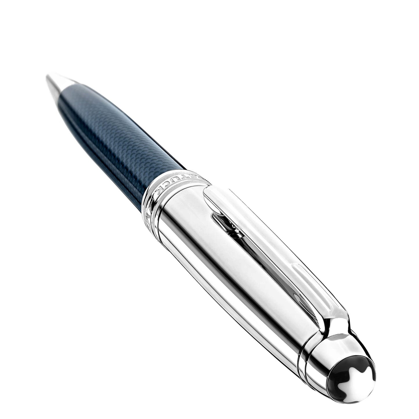 Introducing the Montblanc Meisterstück Solitaire Doue Blue Hour Classique Ballpoint Pen: a sophisticated, high-end pen featuring a silver reflective cap and a blue textured barrel. It proudly displays an engraved clip logo and is enhanced by platinum-coated fittings. Diagonally positioned against a white backdrop, this pen reflects the enduring elegance of Blue Hour.