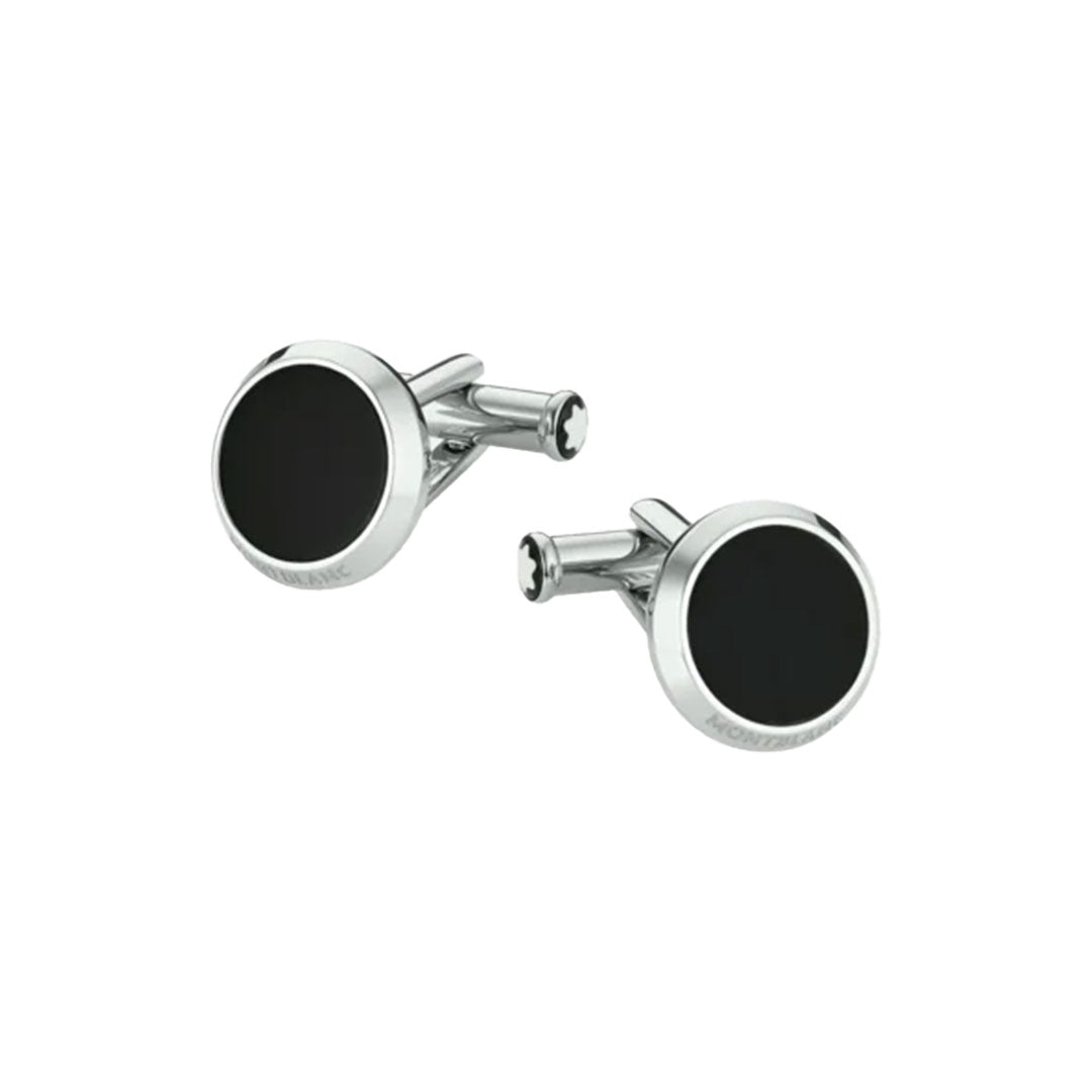 These Montblanc Meisterstück Black Onyx & Stainless Steel Cufflinks feature round black onyx faces set against a sleek white stainless steel background, showcasing the timeless elegance of Montblanc craftsmanship.