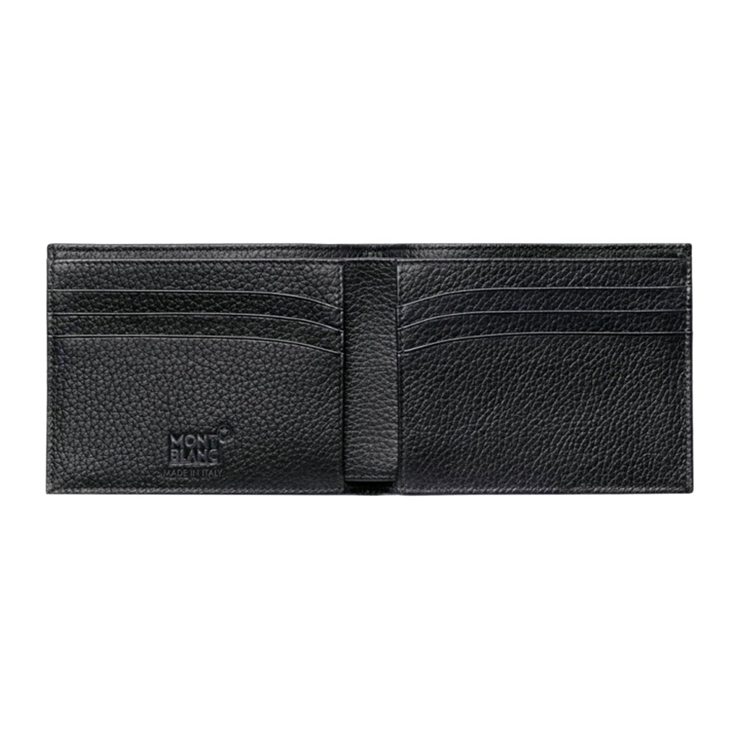The Montblanc Meisterstück 6cc Soft Grain Leather Wallet features black textured full-grain calfskin, multiple card slots, and an embossed Montblanc logo inside—a refined luxury piece from the iconic brand.