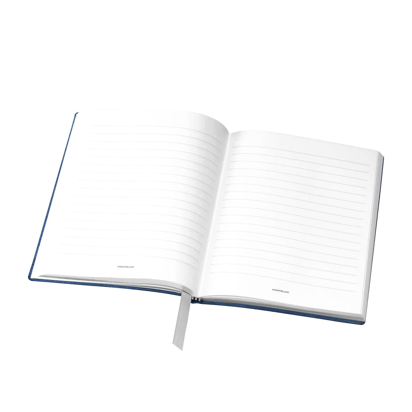 The Montblanc Indigo Lined Notebook, featuring a blue Saffiano leather cover and high-quality lined pages, includes a white ribbon bookmark. It is elegantly showcased on a white background.