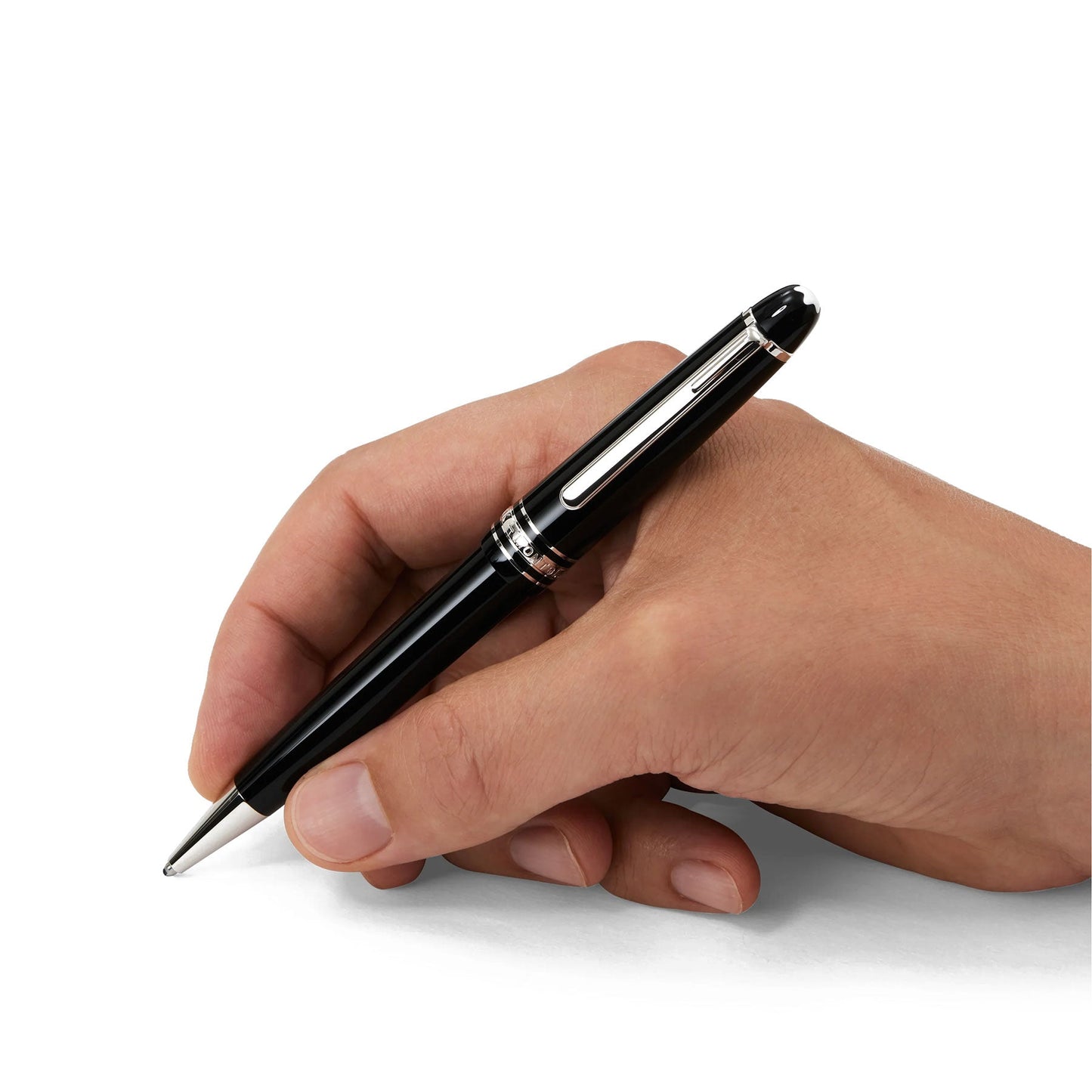 A hand holding a stylish Montblanc Meisterstück Black Resin Platinum Plated Ballpoint Pen against a white background.