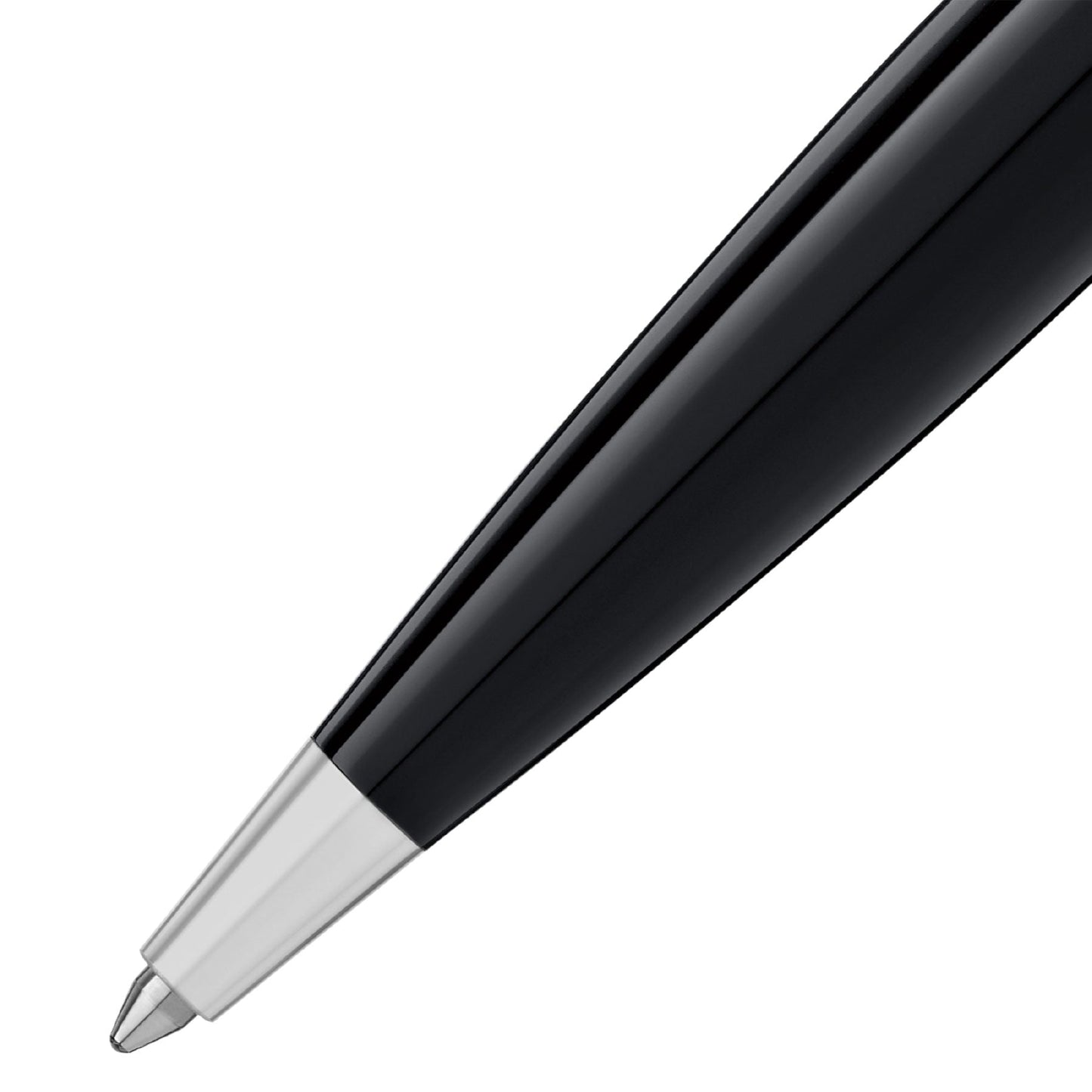 Close-up of the Montblanc Heritage Collection Rouge et Noir Special Edition Ballpoint Pen tip featuring a silver metallic point, exemplifying the prestigious collection. The pen's body is sleek and shiny, showcased against a plain white background.