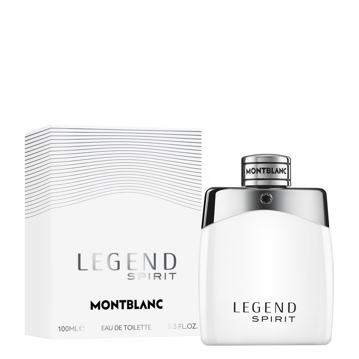 White rectangular Montblanc Legend Spirit Eau de Toilette 100 ml perfume bottle and its matching box with silver accents.