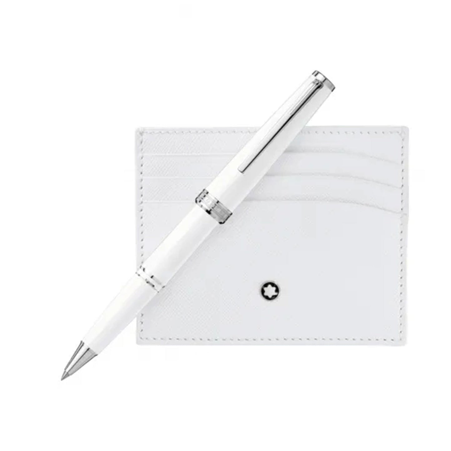A Montblanc Pix Rollerball, distinguished by its white body and silver accents, is placed on a Montblanc Meisterstuck Card Holder, crafted from white leather. The cardholder includes several card slots and displays a subtle star-shaped logo. Together, these items are showcased against an unadorned white backdrop.