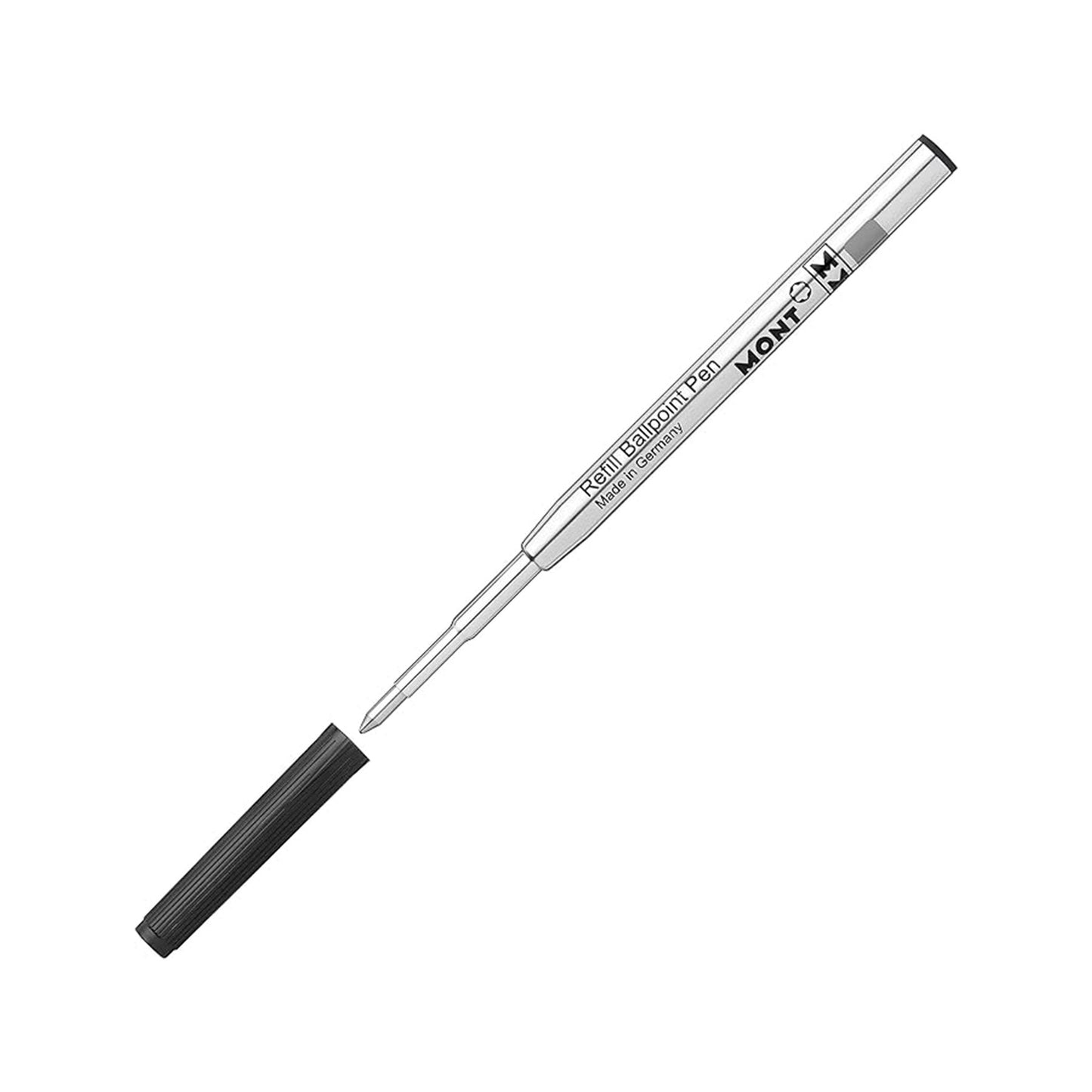 The Montblanc Mystery Black Ballpoint Pen Refill features a black cap, exuding an air of mystery alongside the refill. Its medium ballpoint pen design is enhanced by a glimmering metal tip and marked with text for a simple yet functional appearance.