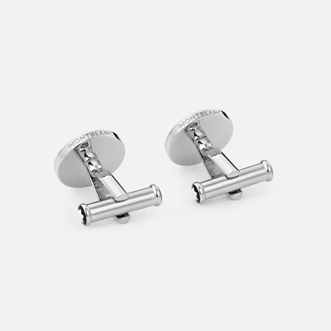 A pair of exquisite cufflinks featuring Montblanc's iconic cylindrical design and engraved brand name on the round base. The Montblanc Star Black Onyx and Stainless Steel Cufflinks are crafted from stainless steel and gleam strikingly against a plain white background.