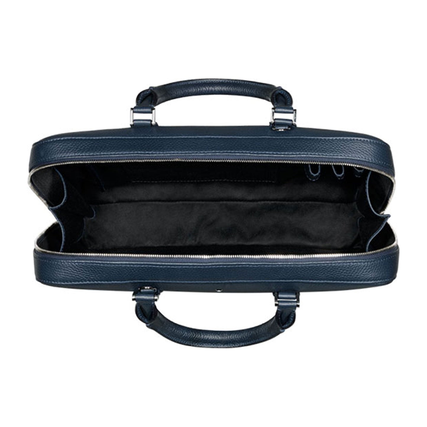 The Montblanc Meisterstuck Slim Blue Soft Grain Leather Document Case features a sophisticated dark blue exterior with an open top, unveiling a roomy black interior and multiple compartments. With sturdy handles and a sleek design, including a removable shoulder strap, the view from above showcases the exceptional craftsmanship and ample storage space, ideal for use as a document bag.