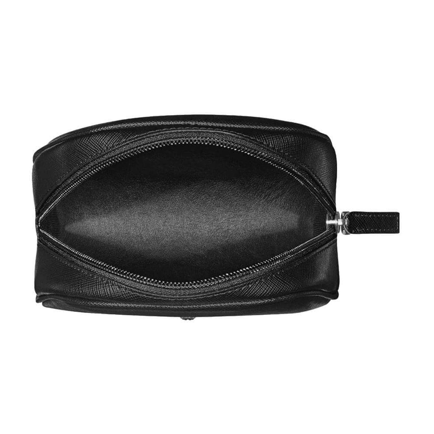 Top view of the Montblanc Small Black Sartorial Leather Vanity Bag, showcasing an open compartment with a zipper closure. The interior is empty, providing a spacious, waterproof section. The exterior boasts a subtle texture and a small, sleek handle on one side, exemplifying Montblanc's refined design.