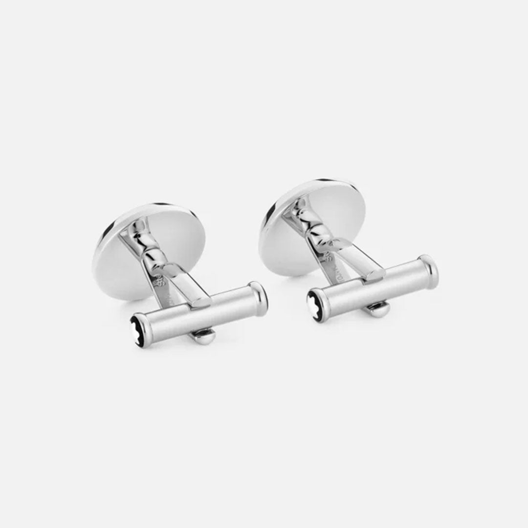 A pair of Montblanc Star Stainless Steel Cufflinks with a sleek, cylindrical design and a discreet Montblanc snowcap emblem, featuring smooth surfaces and polished finishes, resting on a neutral background.
