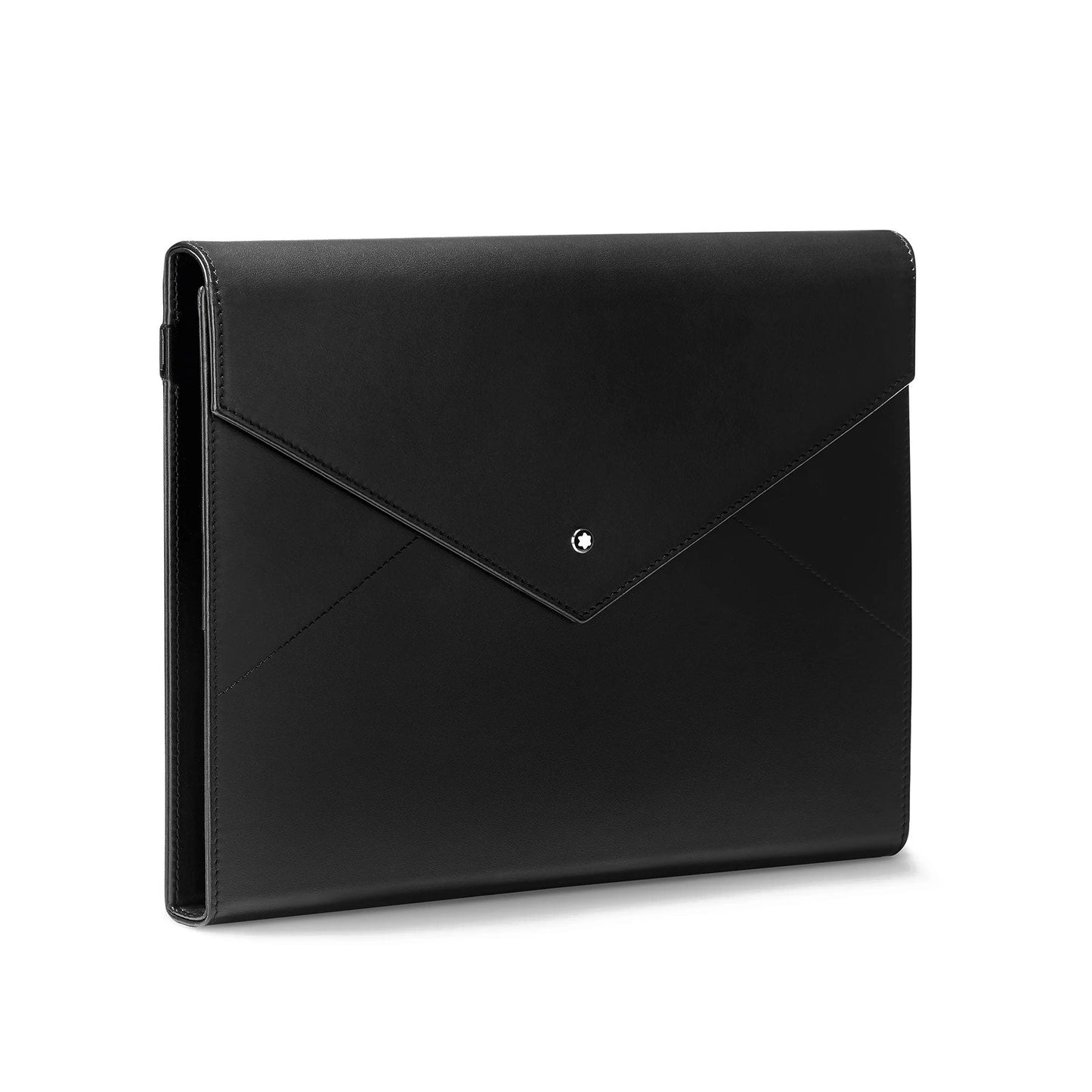 A minimalist and stylish black leather envelope-style laptop sleeve, featuring a small metal button on the flap, provides both elegance and protection for laptops. Enhance your experience by pairing it with the Montblanc Augmented Paper Urban Spirit Black from Montblanc, which effortlessly digitalizes notes via the Montblanc Hub App.