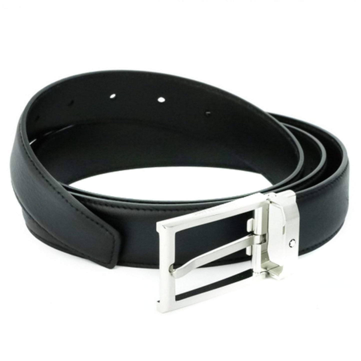 A Montblanc Sfumato blue leather belt coiled in a neat circle on a white background, featuring a silver rectangular buckle.