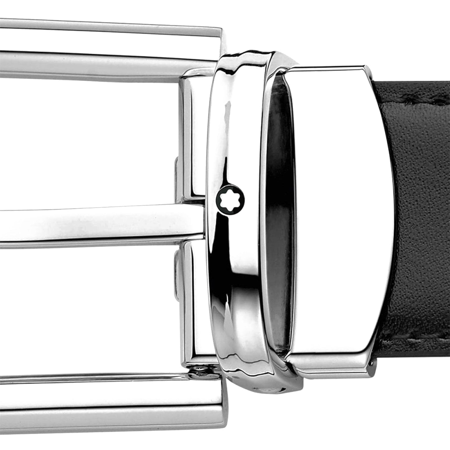 Featuring a close-up of the Montblanc Reversible Leather Belt, this polished, palladium-coated silver buckle showcases a subtle star emblem. Its shiny, reflective surface and modern design make it perfect for any classic business attire. The buckle is attached to a reversible black leather strap from the esteemed Montblanc brand.
