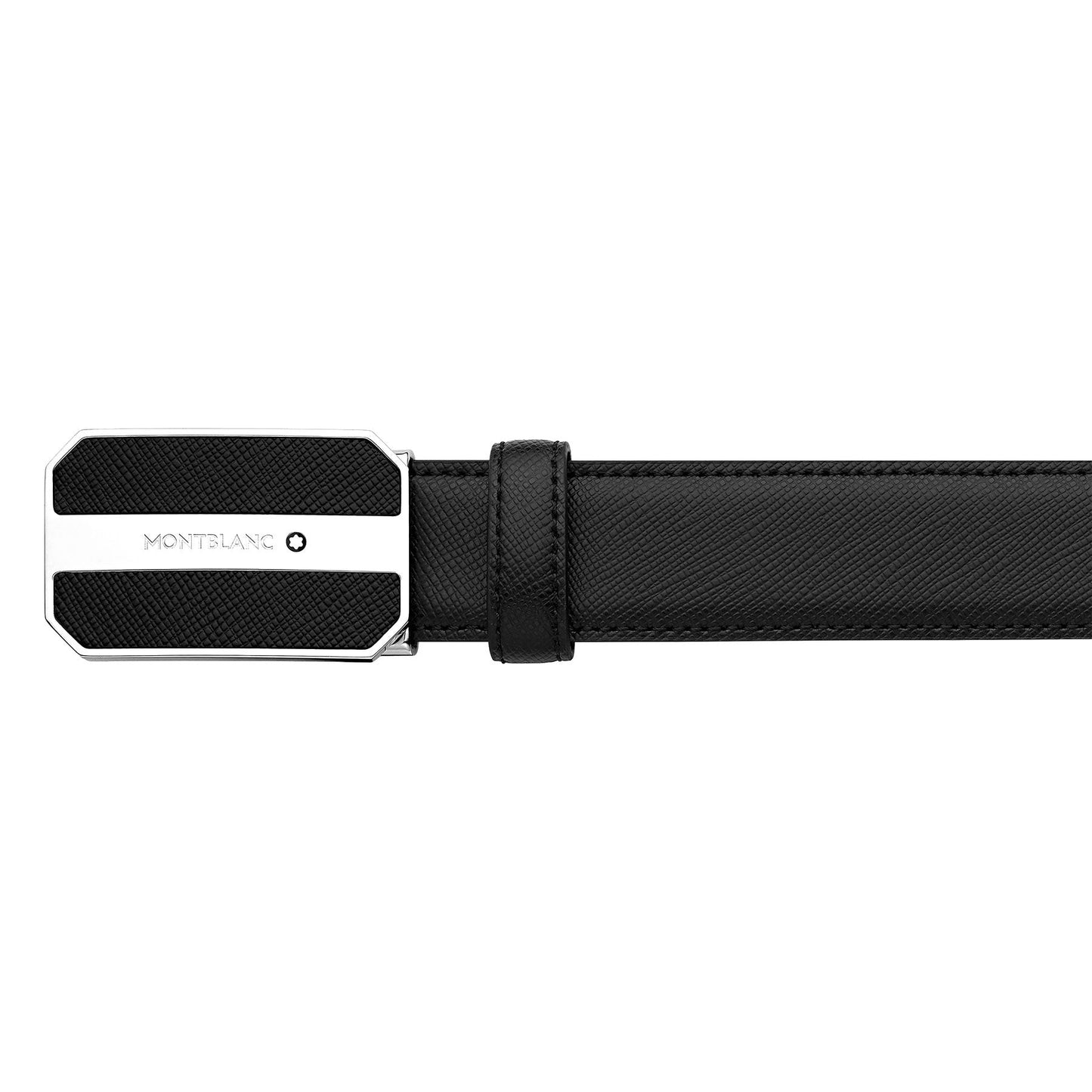 The Montblanc Business Leather Belt, made from luxurious Saffiano leather, showcases a silver rectangular buckle with the iconic Montblanc logo. The black enamel insert on the buckle complements its simple and elegant design, offering a sophisticated touch to any professional ensemble.