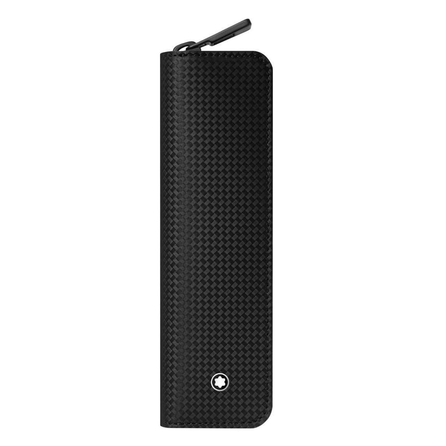 The Montblanc Extreme 2.0 Black Leather Pen Pouch is a sophisticated black case designed for writing instruments, showcasing a textured carbon fiber pattern and a convenient zipper closure along the top. Made from high-quality black leather, this rectangular pouch is elegantly enhanced by a small round logo adorned with Montblanc's iconic star design near the bottom.