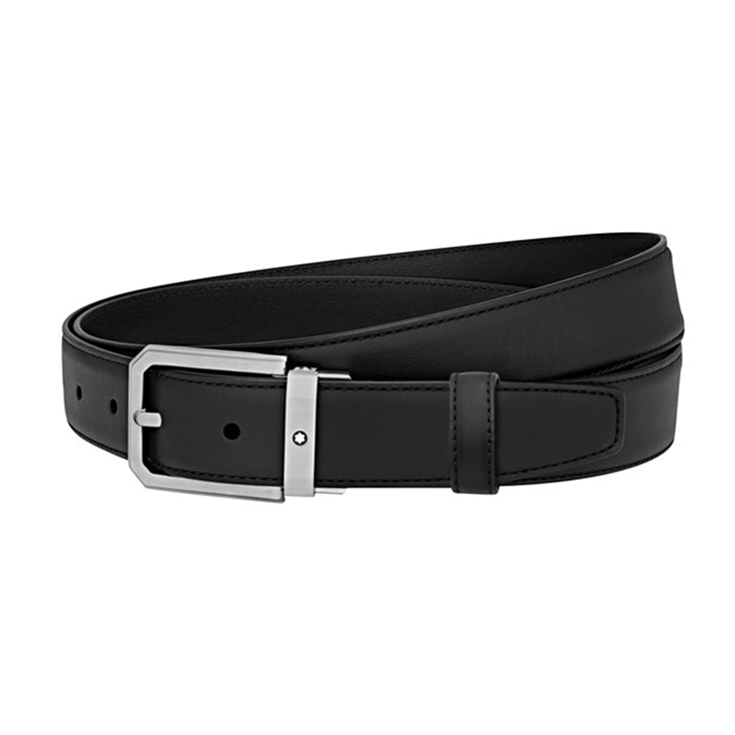 A Montblanc Business Leather Belt featuring a sleek stainless steel buckle, displayed flat with its end slightly curled.
